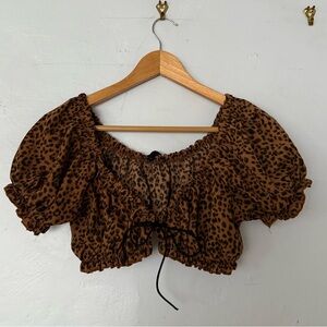 SHEIN Brown Leopard Print Crop Top, Cheetah, Puffed Sleeves, Off-the-Shoulder